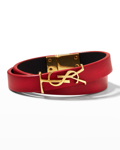 Shop Saint Laurent Leather Double-wrap Ysl Bracelet In Rouge