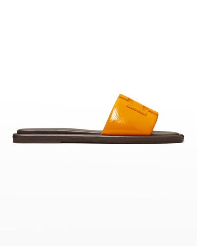 Shop Tory Burch Double T Logo Flat Slide Sandals In Orange Citrineora