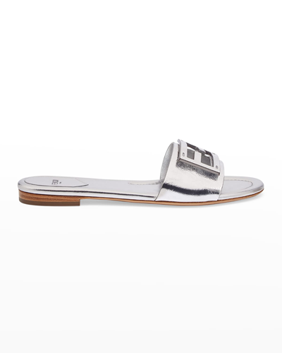 Shop Fendi Ff Tube Metallic Medallion Flat Sandals In Silver