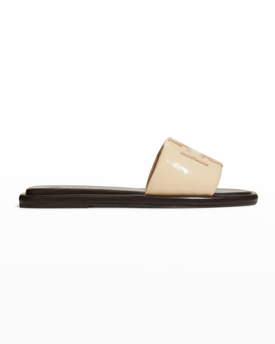 Shop Tory Burch Double T Logo Flat Slide Sandals In Seaside Sand Sea