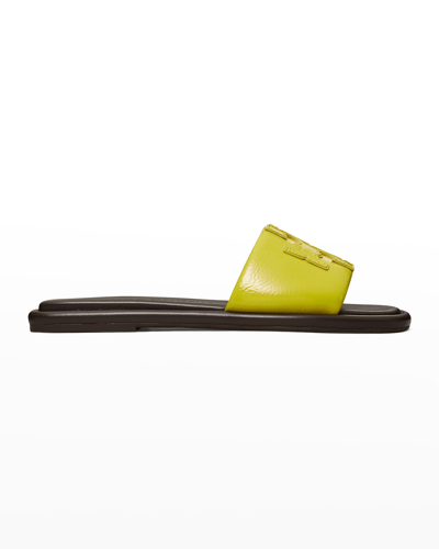 Shop Tory Burch Double T Logo Flat Slide Sandals In Lime Lime Lime J
