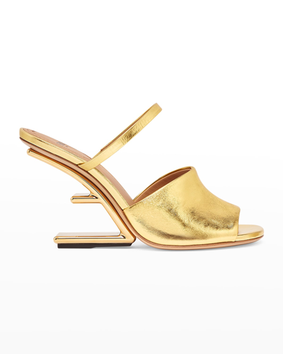 Shop Fendi Metallic Lambskin F-heel Mules In Gold