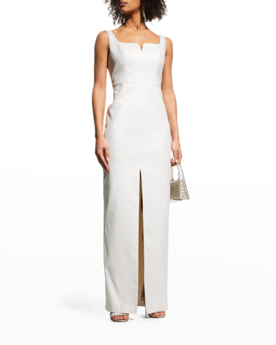 Shop Aidan Mattox Square-neck Jacquard Column Gown In Silver