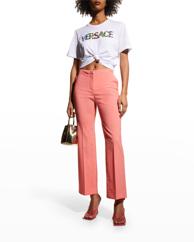 Shop Versace Greca Logo-print Safety Pin Crop T-shirt In Whitemulticolor