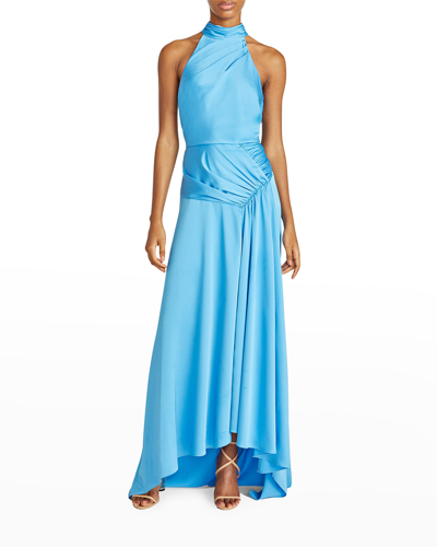 Shop Theia Hatice Ruched Halter-neck Gown In Blue Jay