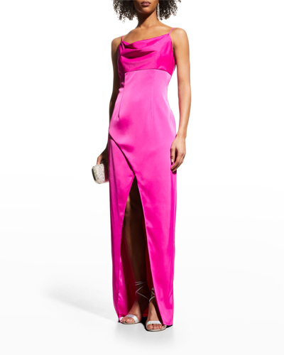 Shop Aidan Mattox Cowl-neck Front-slit Column Gown In Pink Flame