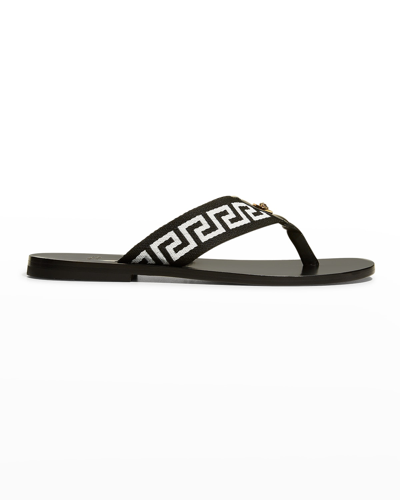 Shop Versace Men's Greca Thong Flat Sandals In Blackwhite-gold V