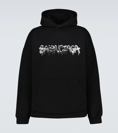 Shop Balenciaga Slime Cotton-blend Hooded Sweatshirt In Black/black