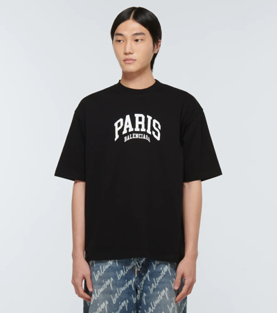 Shop Balenciaga Cities Paris Cotton Jersey T-shirt In Black/white