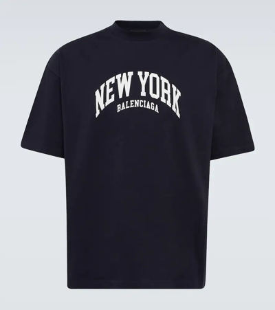 Shop Balenciaga Cities New York Cotton Jersey T-shirt In Marine Blue/white