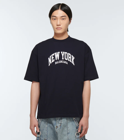 Shop Balenciaga Cities New York Cotton Jersey T-shirt In Marine Blue/white