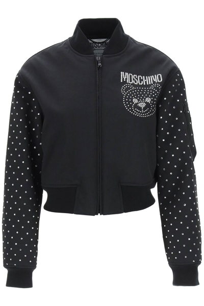 Shop Moschino Crystal Teddy Bomber Jacket In Black