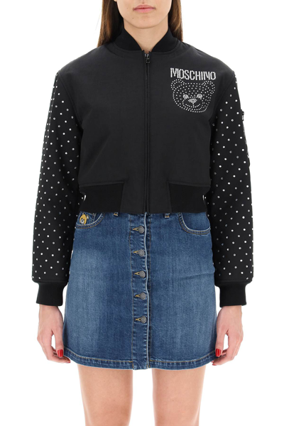 Shop Moschino Crystal Teddy Bomber Jacket In Black