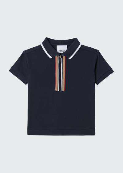 Shop Burberry Boy's Samuel Icon Stripe Quarter-zip Polo Shirt In Midnight