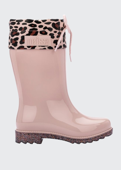 Shop Mini Melissa Girl's Leopard-print Bow Glitter-sole Rain Boots, Baby/kids In Pink Glitt