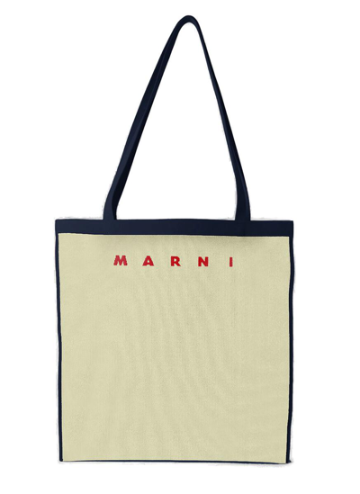 Shop Marni Logo Embroidered Top Handle Bag In Beige