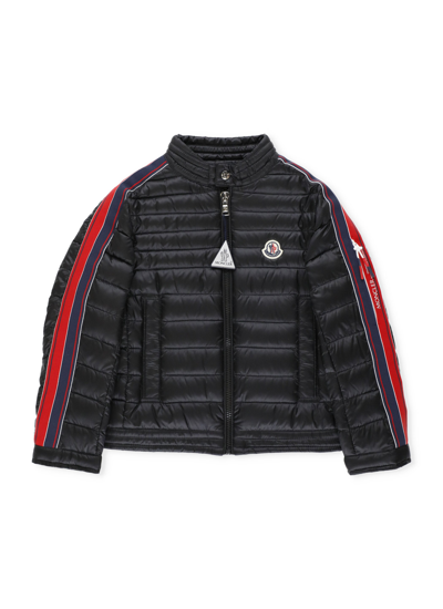Shop Moncler Enfant Side Striped Quilted Jacket In Black