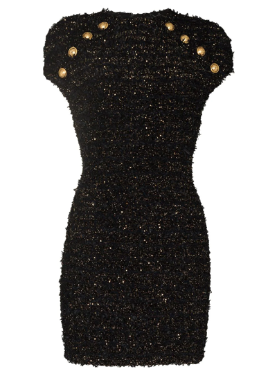 Shop Balmain Tweed Button-embellished Mini Dress In Black