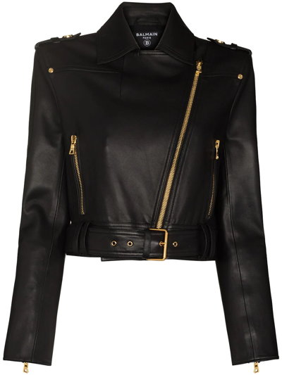 Shop Balmain Belted Biker Jacket In Black