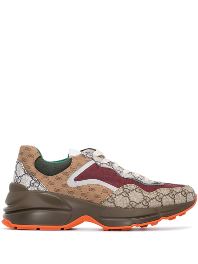 Gucci Gg Rhyton Leather-trimmed Sneakers In Brown