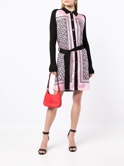 Versace Knit-paneled Logo-print Silk And Cotton-blend Twill Mini Shirt Dress In Pink