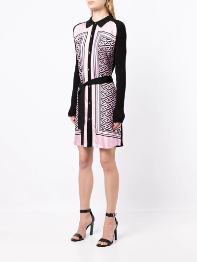 Versace Knit-paneled Logo-print Silk And Cotton-blend Twill Mini Shirt Dress In Pink