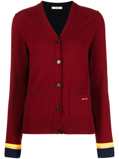 Pre owned Celine 2000s Striped Cuffs Cashmere Cardigan In Red