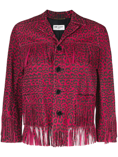 Pre-owned Saint Laurent 2010 Leopard-print Fringed Jacket In Pink
