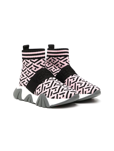 Shop Versace La Greca Knitted Sneakers In Pink