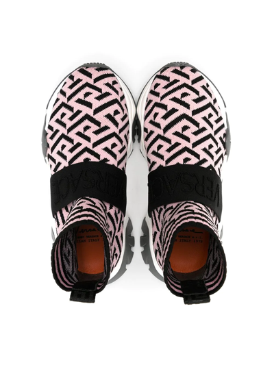 Shop Versace La Greca Knitted Sneakers In Pink