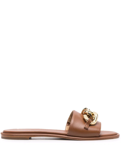 Shop Michael Michael Kors Chain-link Leather Slides In Brown