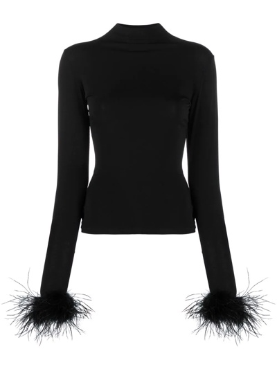 Shop Atu Body Couture Feather-cuff High-neck Top In Black