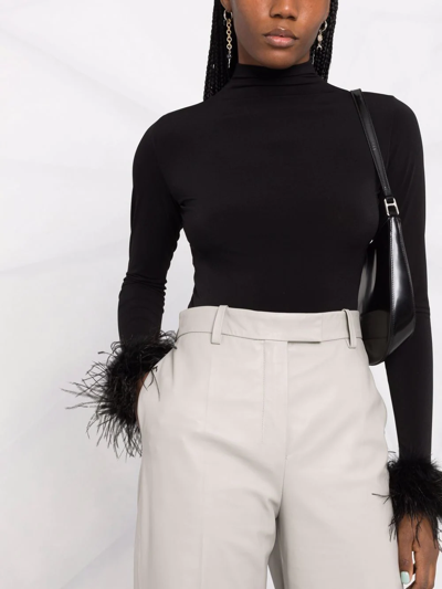 Atu Body Couture Feather-cuff High-neck Top In Black