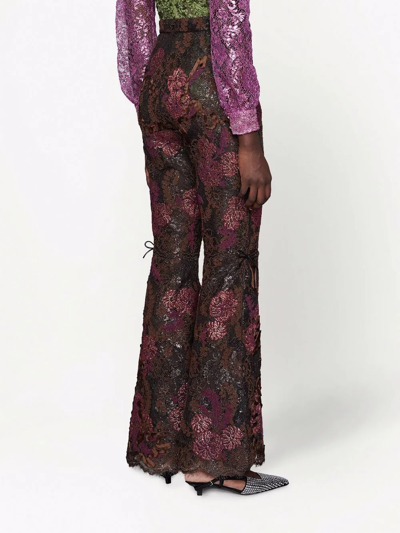 Shop Gucci Lamé Floral Lace Flared Trousers In Brown