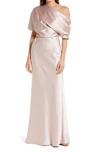 Shop Amsale One-shoulder Fluid Satin Gown In Rose Quartz