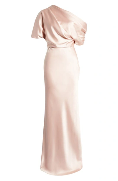 Shop Amsale One-shoulder Fluid Satin Gown In Rose Quartz