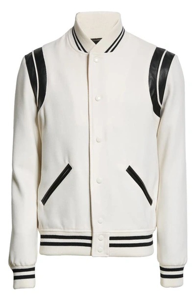 Shop Saint Laurent Teddy Stretch Wool Varsity Jacket In Natural