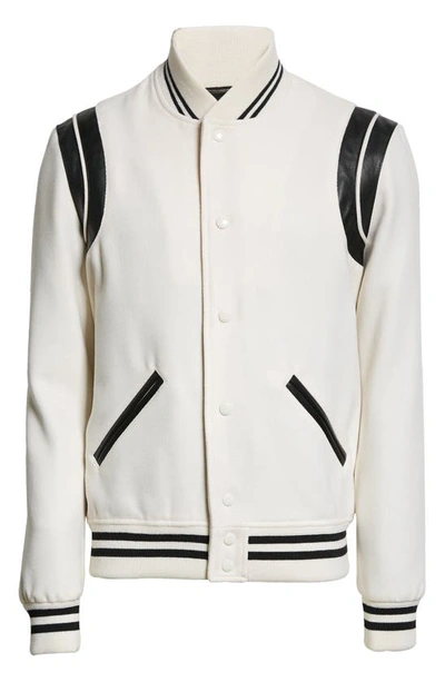 Shop Saint Laurent Teddy Stretch Wool Varsity Jacket In 9502 - Natural