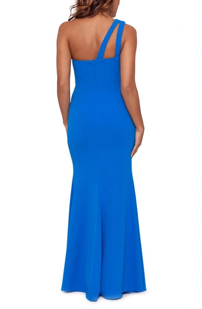 Shop Xscape Evenings  One-shoulder Cutout Scuba Crepe Gown In Blue