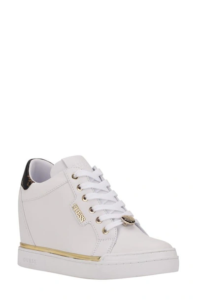 Shop Guess Faster Hidden Wedge Sneaker In White/ Brown