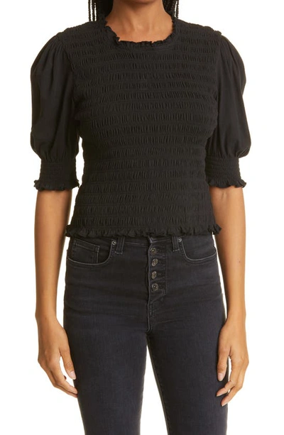 Shop Veronica Beard Langston Smocked Puff Sleeve Top In Black