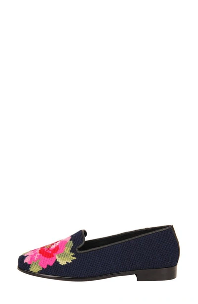 Shop Bypaige Needlepoint Peony Flat In Pink Peony On Navy Loafer