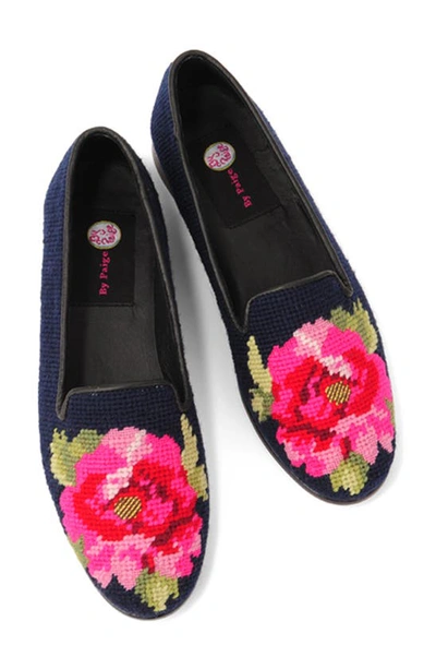 Shop Bypaige Needlepoint Peony Flat In Pink Peony On Navy Loafer