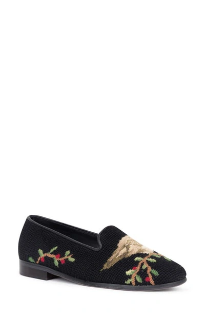 Bypaige Needlepoint Bird Flat In Robin On Black