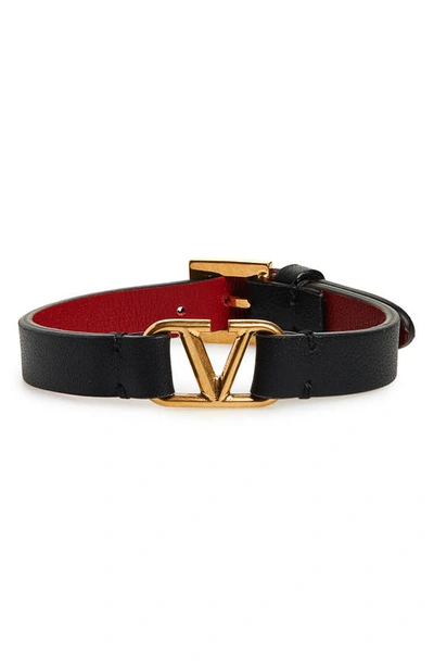 Shop Valentino Leather Bracelet In Nero/ Rosso