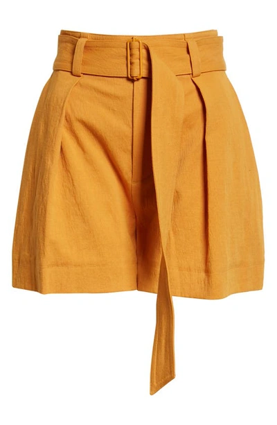 Shop Vince Belted Cotton & Linen Twill Shorts In Burnt Orange