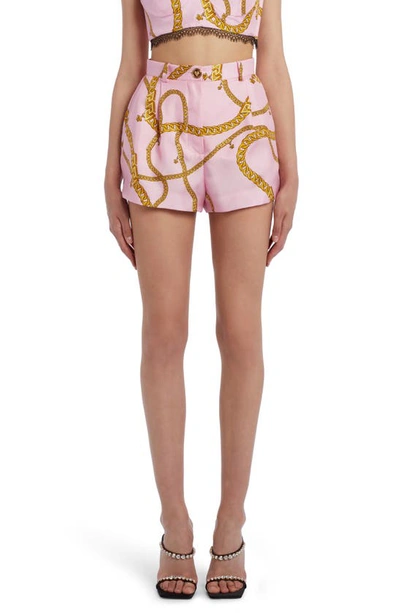Shop Versace Chain Print Silk Twill Shorts In Candy Gold