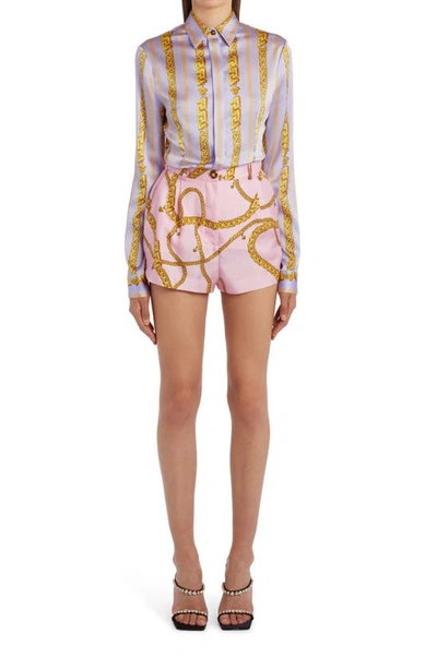 Shop Versace Chain Print Silk Twill Shorts In Candy Gold
