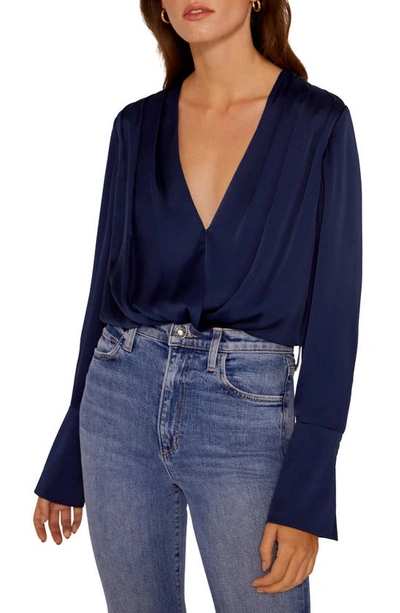 Shop Favorite Daughter Surplice Long Sleeve Satin Bodysuit In Navy