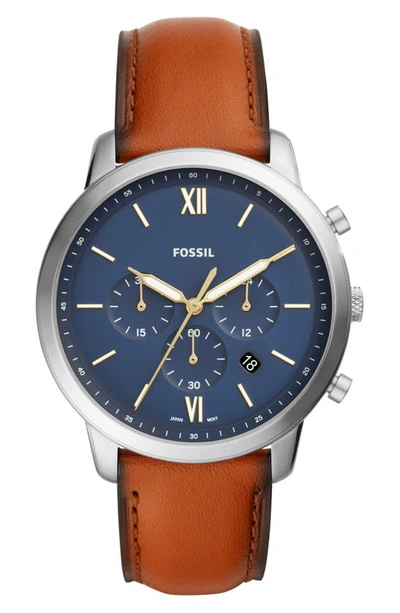 Shop Fossil Neutra Chronograph Leather Strap Watch, 44mm In Brown/ Blue/ Silver